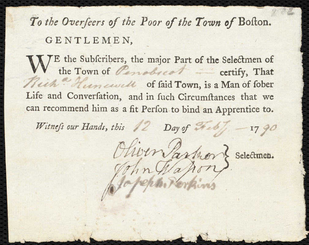 Ann Cromwell indentured to apprentice with Richard Hun[n]ewell of Penobscot, 12 January 1790