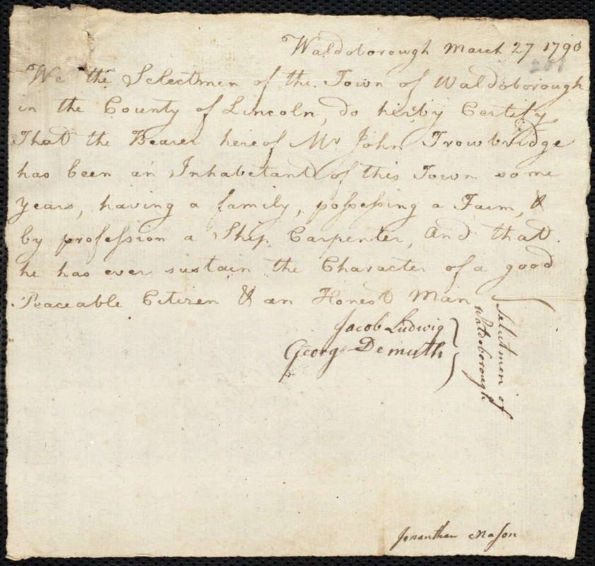 John Willet indentured to apprentice with John Trowbridge of Waldoborough, 15 April 1790