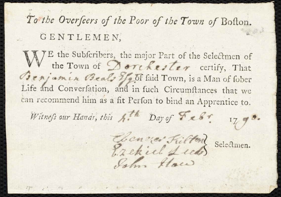 Suckey Waterman indentured to apprentice with Benjamin Beale of Dorchester, 2 February 1790