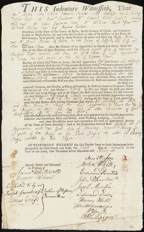 Betsy Peirce indentured to apprentice with David Belcher of Chelsea, 10 September 1791