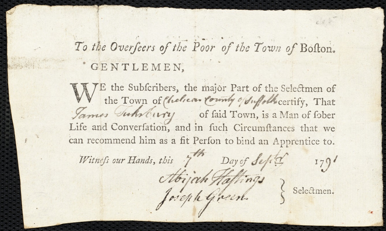 Katharine Voice indentured to apprentice with James Tukesbury [Tuksbury] of Chelsea, 10 September 1791