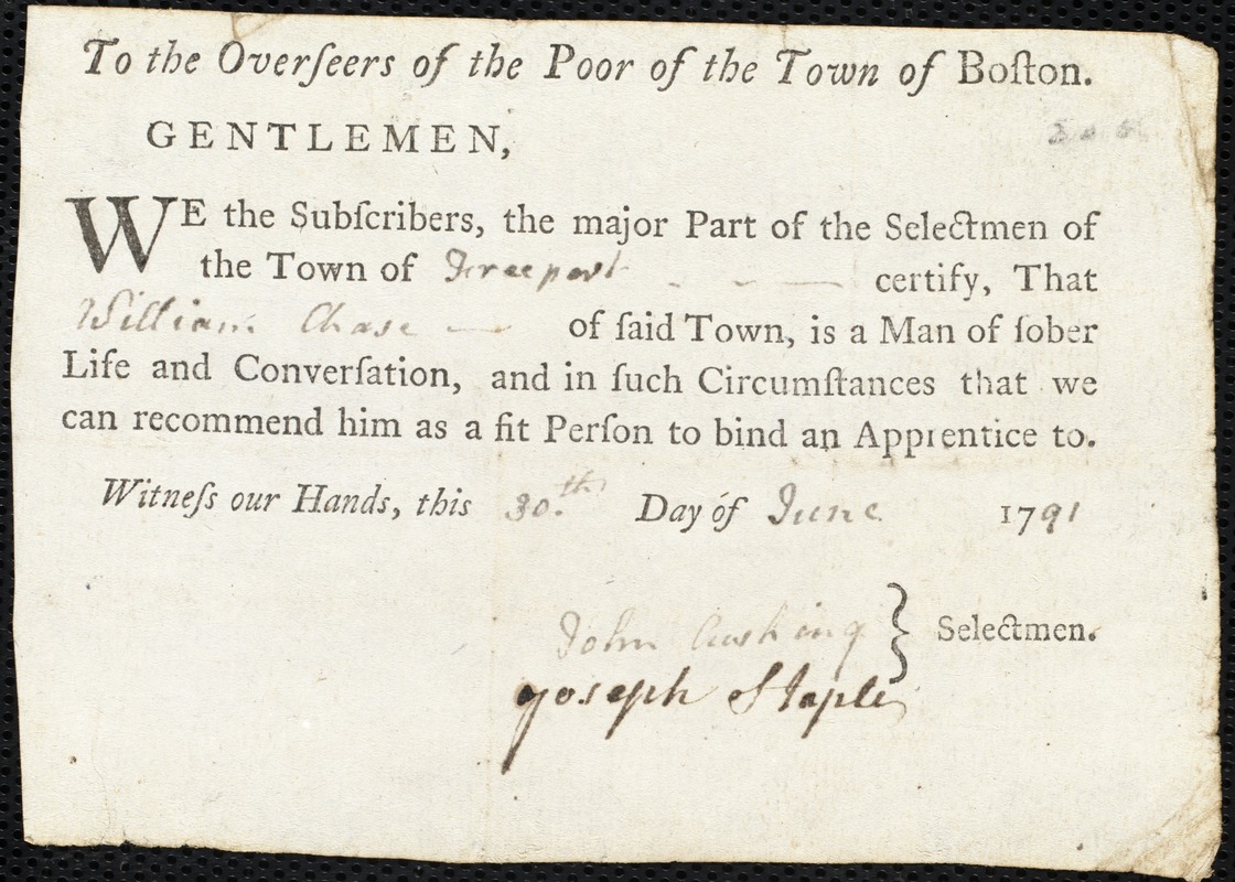 Elizabeth Burkhart indentured to apprentice with William Chase of Freeport, 22 July 1791