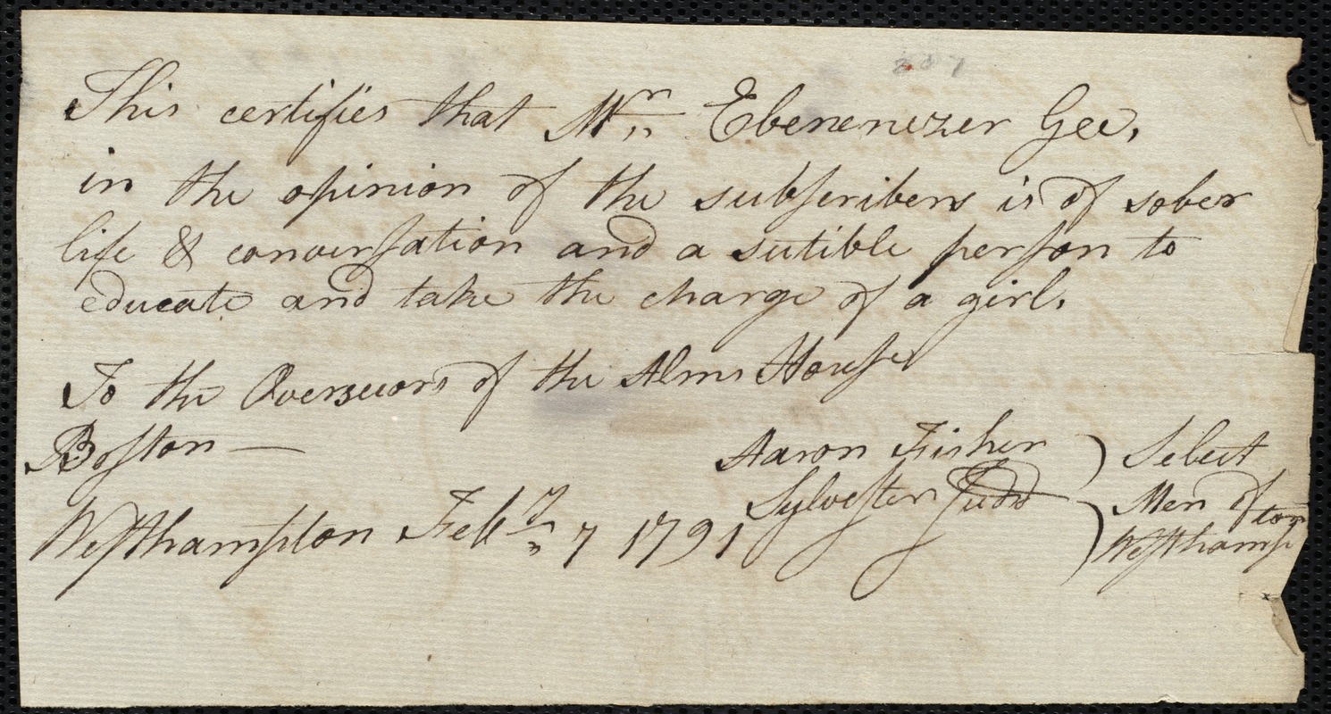 Mary Pool indentured to apprentice with Ebenezer Gee of Westhampton, 14 February 1791