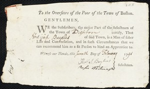 Eleanor Cox indentured to apprentice with Hadijah Bayles [Baylies] of Brighton, 4 February 1791