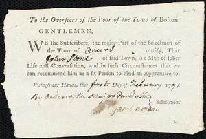 Robert Carr indentured to apprentice with John Stone of Concord, 6 January 1791