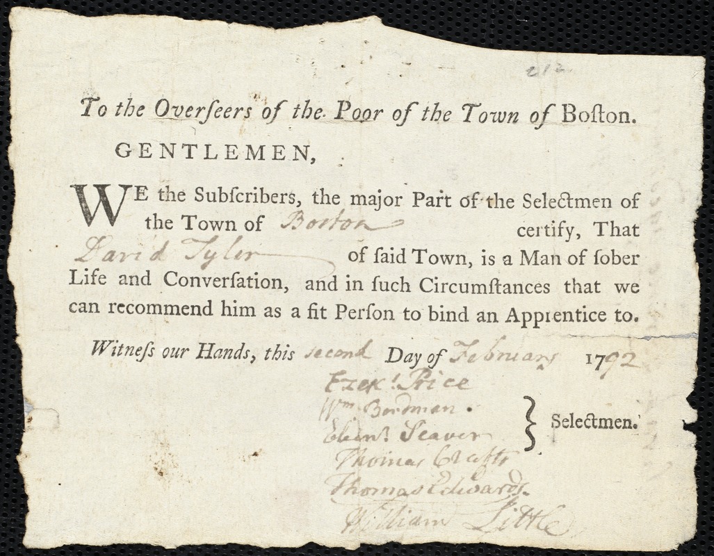 Sarah Loring indentured to apprentice with David Tyler of Boston, 13 March 1792