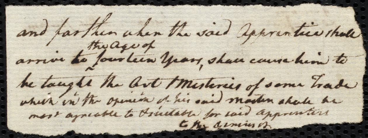 Document fragment stating that the apprentice must be taught a trade at 14 years old