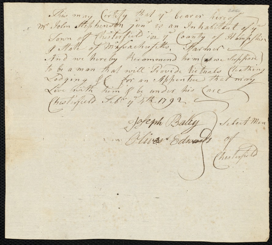 Document of indenture: Servant: Brown, James. Master: Stephenson, John ...