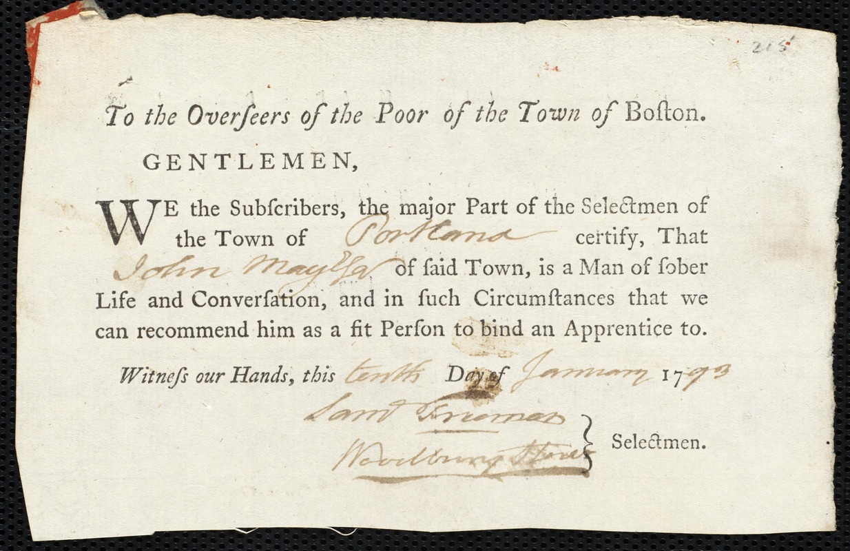Roseanah Dawson indentured to apprentice with John May of Portland, 28 November 1792