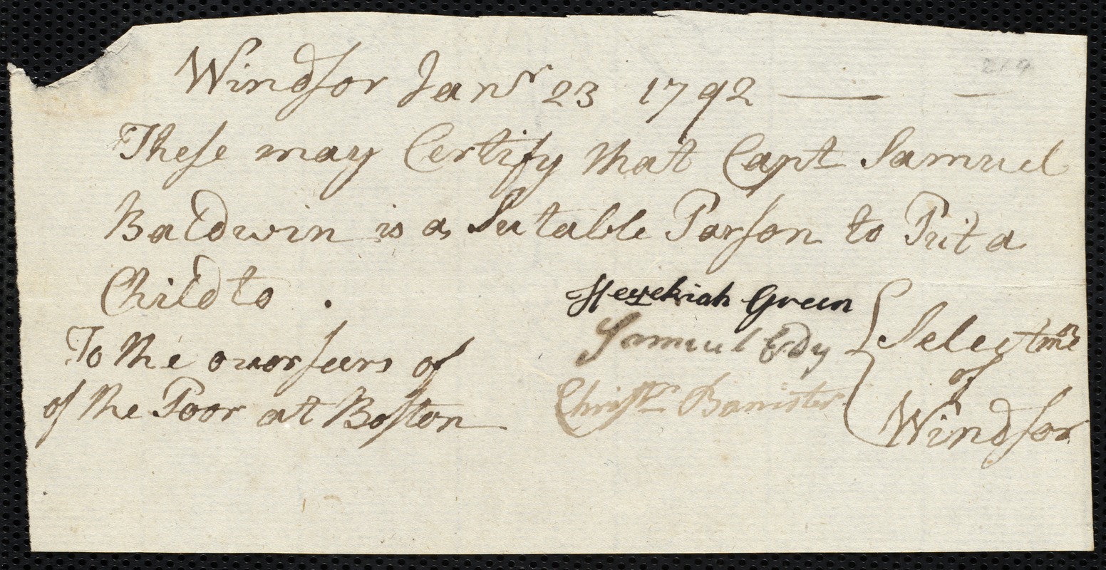 William Stephens indentured to apprentice with Samuel Baldwin of Windsor, 31 January 1792