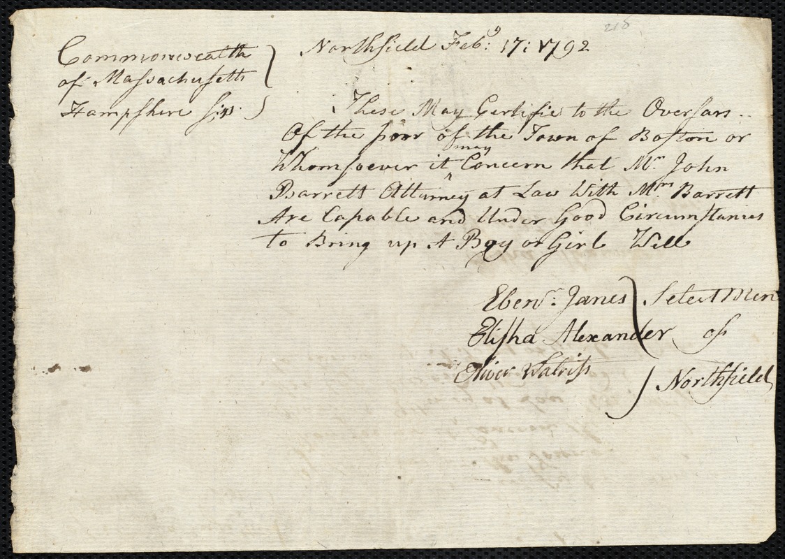 Ann Farrier indentured to apprentice with John Barrett [Barret] of Northfield, 23 February 1792
