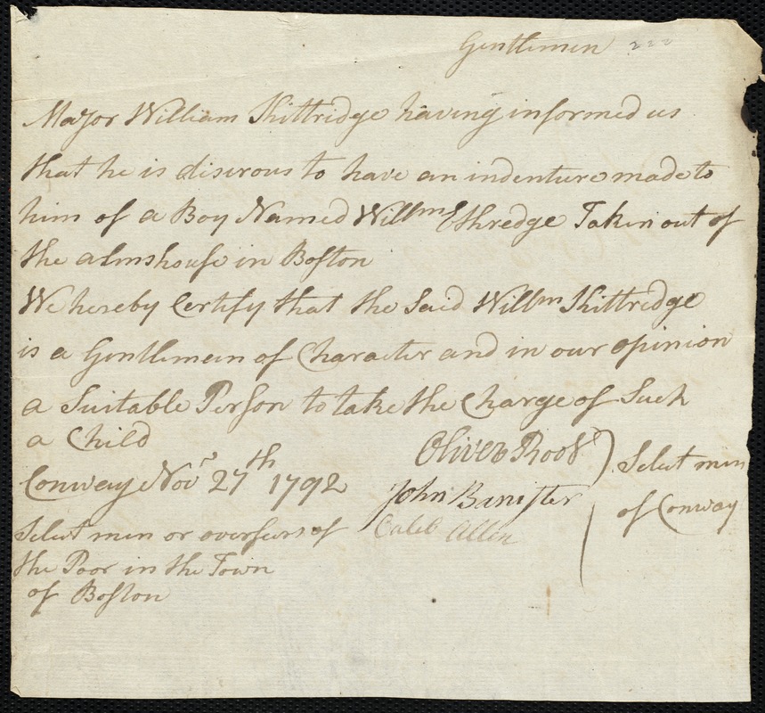William Ethridge indentured to apprentice with William Kittridge of Conway, 7 June 1792