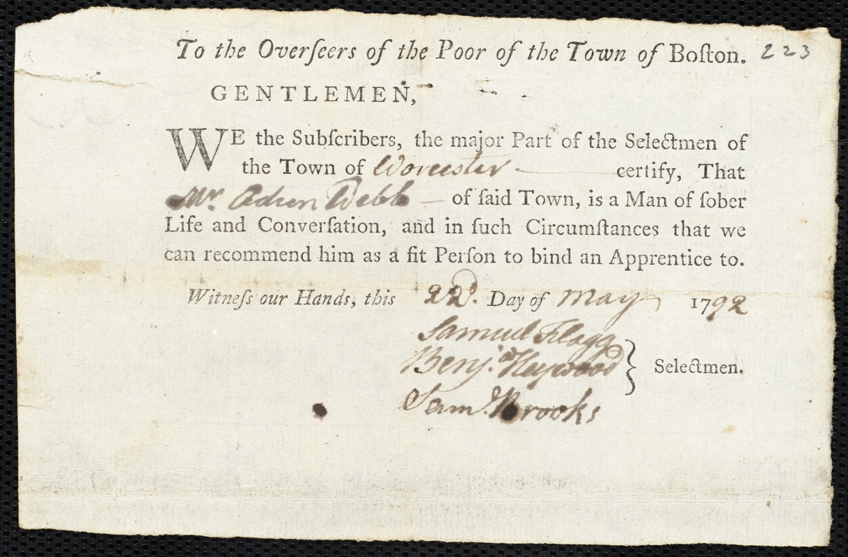 Peter Hunnewell indentured to apprentice with Adren Webb of Worcester, 2 May 1792
