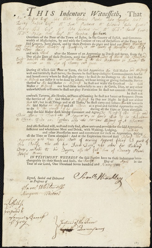 Henry Woodman indentured to apprentice with Samuel Hinckley of Brookfield, 20 April 1792