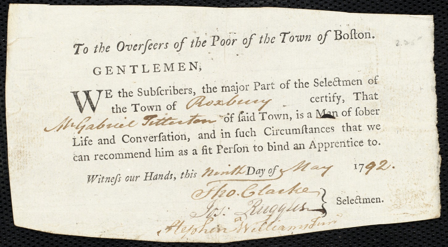John Franks indentured to apprentice with Gabriel Titterton of Roxbury, 22 May 1792