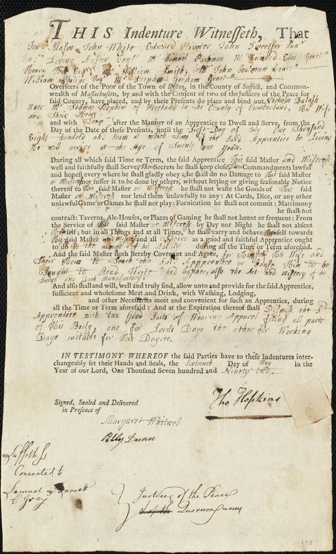 Nicholas Dulash indentured to apprentice with Thomas Hopkins of Portland, 16 May 1792