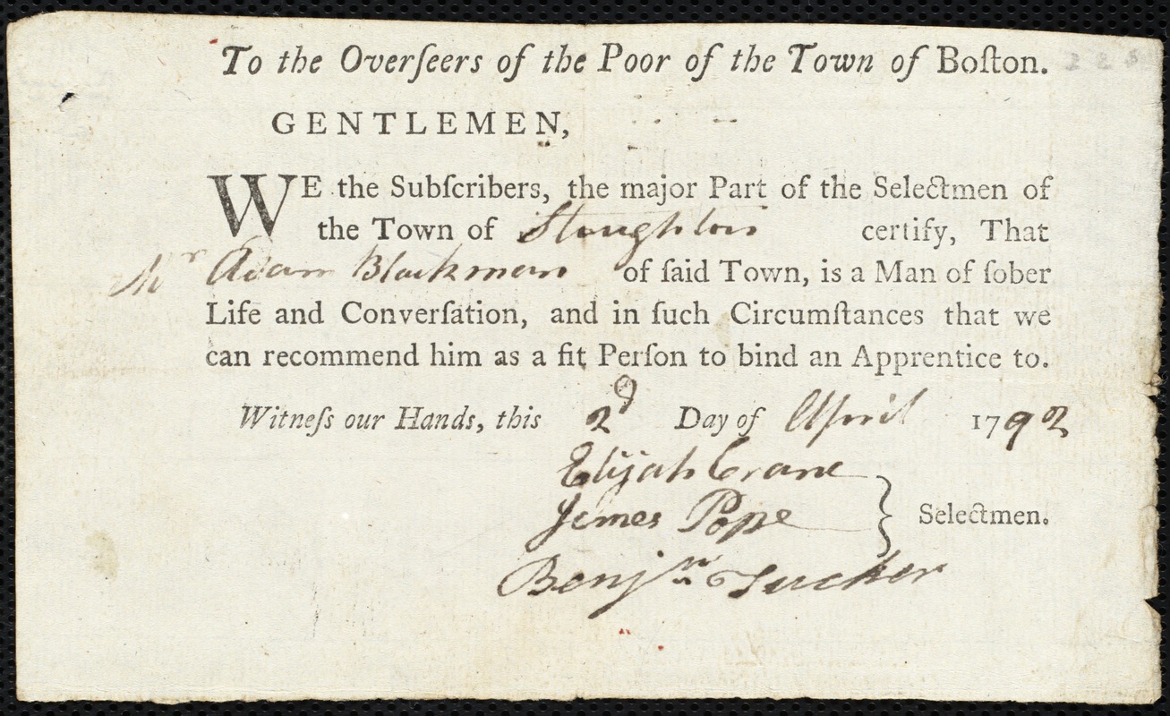 John Battist indentured to apprentice with Adam Blackman of Stoughton, 4 April 1792