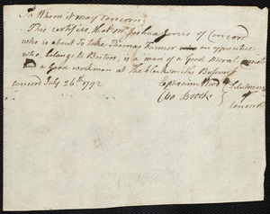 Thomas Farmer indentured to apprentice with Joshua Jones of Concord, 15 October 1792