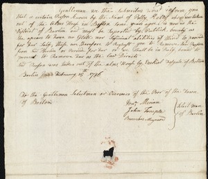 Signed letter from the Selectmen of Berlin to the Overseers of the Poor stating that Polly Kelty be returned to Boston, 15 February 1786