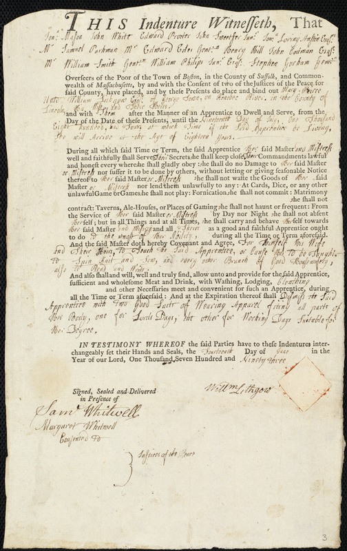 Mary Peirce indentured to apprentice with William Lithgow of Georgetown, 14 June 1793