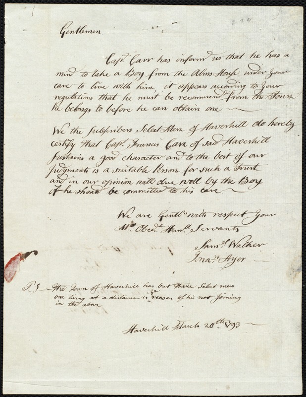 Ebenezer Silvester indentured to apprentice with Francis Carr of Haverhill, 22 March 1793