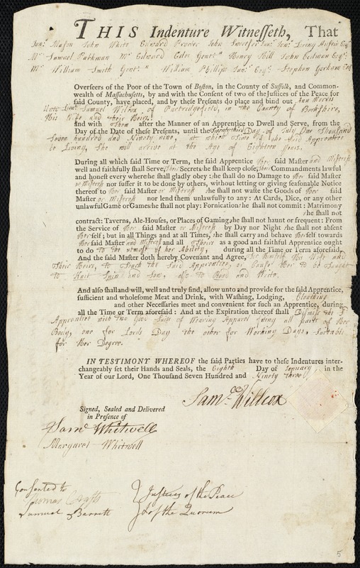 Ann Morris indentured to apprentice with Samuel Wilcox of Patridgefield, 8 January 1793