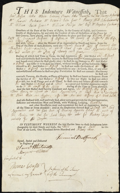 William Gray indentured to apprentice with Jeremiah Bulfinch of Boston, 3 April 1793