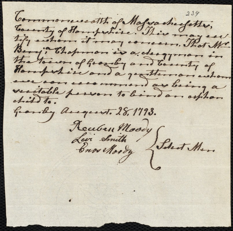 Esther Henly indentured to apprentice with Benjamin Chapman of Granby, 21 September 1793
