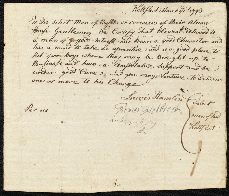 Thomas Holden indentured to apprentice with Eleazer [Elezer] Atwood, Jr. of Wellfleet, 5 May 1793