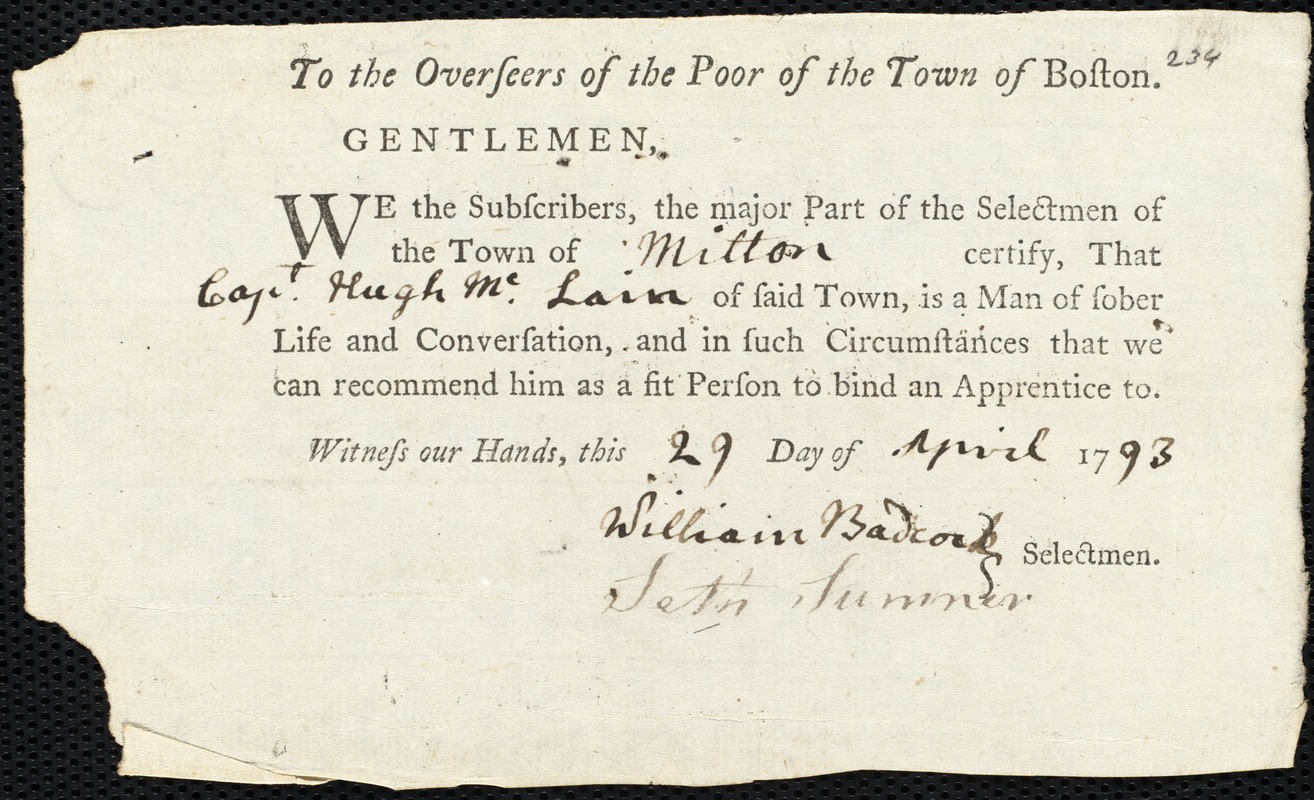 George Jolly indentured to apprentice with Hugh McLain [McLean] of Milton, 22 May 1793