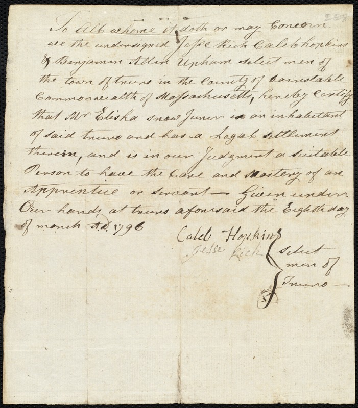 Bartholomew Tuckerman indentured to apprentice with Thomas Hopkins of Portland, 14 May 1793