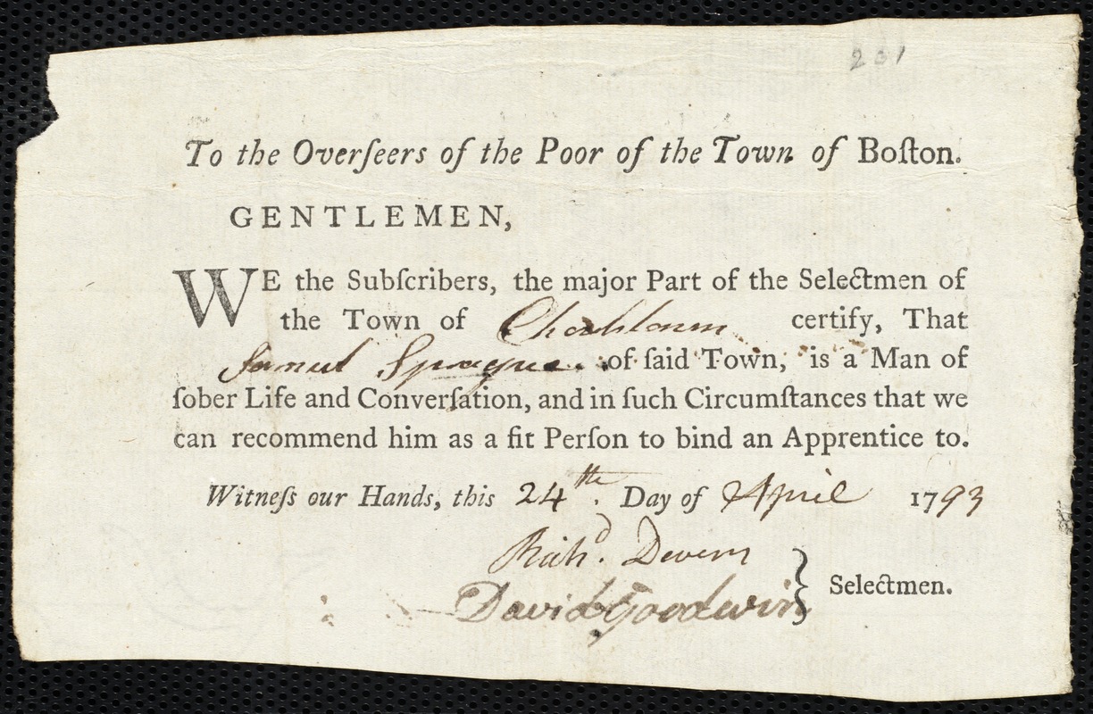 Sophia Truan indentured to apprentice with Samuel Sprague of Charlestown, 29 April 1793