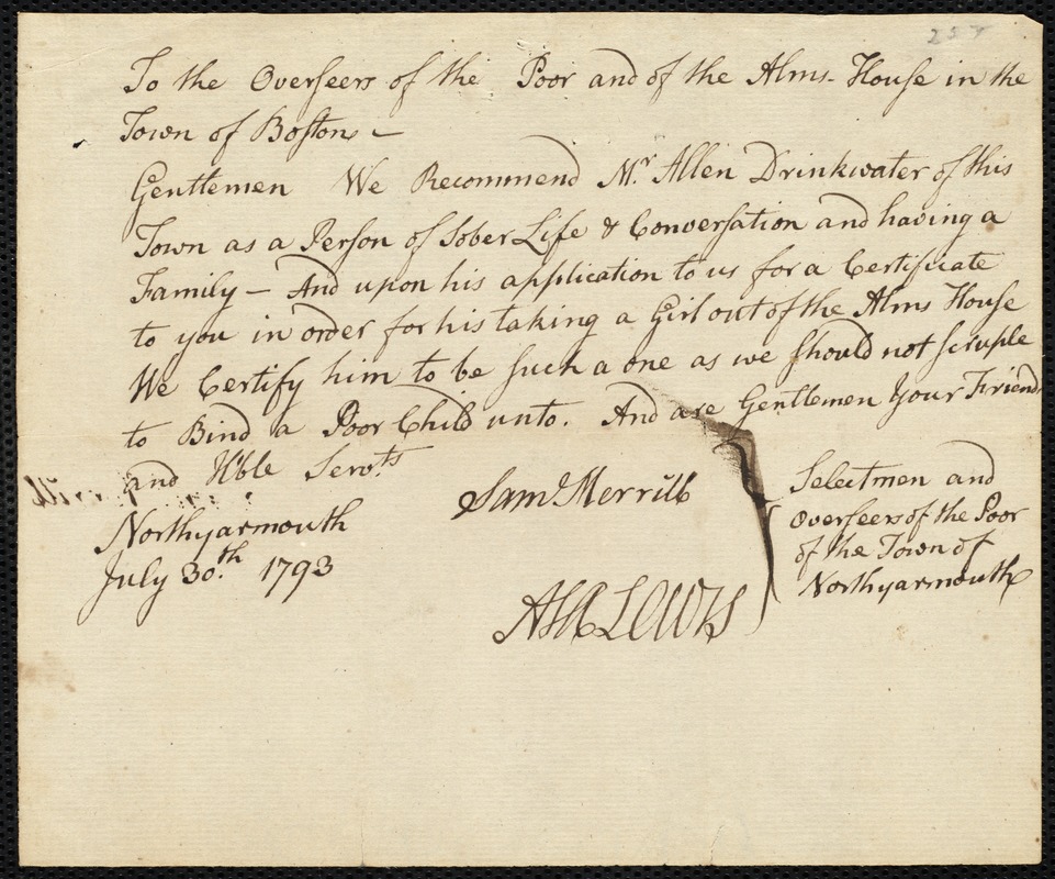 Eunice Eddy indentured to apprentice with Allen Drinkwater of North Yarmouth, 19 August 1793