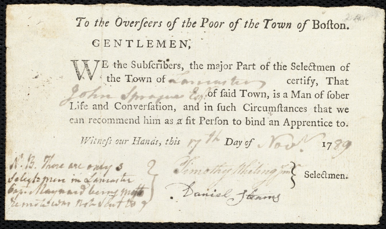 Polly Dulgar indentured to apprentice with John Sprague of Lancaster, 26 November 1793
