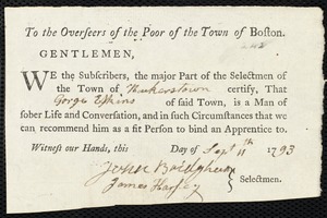 Isaac Davies indentured to apprentice with George Erskin of Baker Town, 11 September 1793