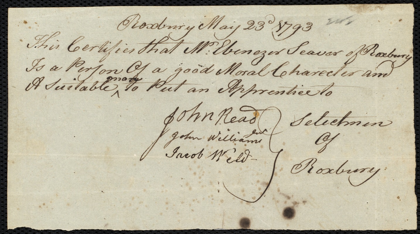 Ann Cooney indentured to apprentice with Ebenezer [Eben] Seaver of Roxbury, 19 August 1793