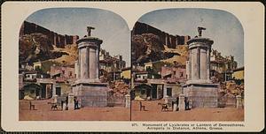 Monument of Lysikrates or lantern of Demosthenes, Acropolis in distance, Athens, Greece