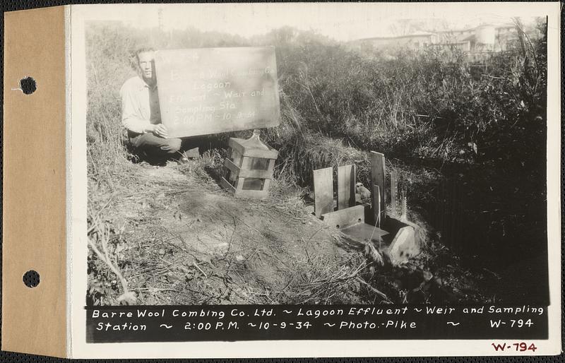 Lagoon effluent, weir and sampling station, Barre Wool Combing Co., Barre, Mass., 2:00 PM, Oct. 9, 1934