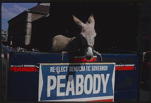 Donkey with "Re-elect Democratic Governor Peabody" sign