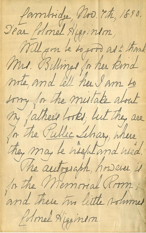 Handwritten letter from Sarah Hammond Palfrey, 1890 November 7 ...