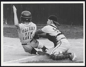 Parkway American vs. Parkway Nationals 1st inning Red Walsh (PN) out @ plate as catcher John O'Connell (PA) puts tag on him.