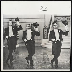 Dancing Dodgers show their stuff on the stage, too. Left to right are pitcher Don Drysdale, NL batting champion Tommy Davis and pitcher Sandy Koufax of world champion Los Angeles Dodgers. The New York Yankee conquerors are taping song-and-dance skit for Bob Hope’s Oct. 25 television show.