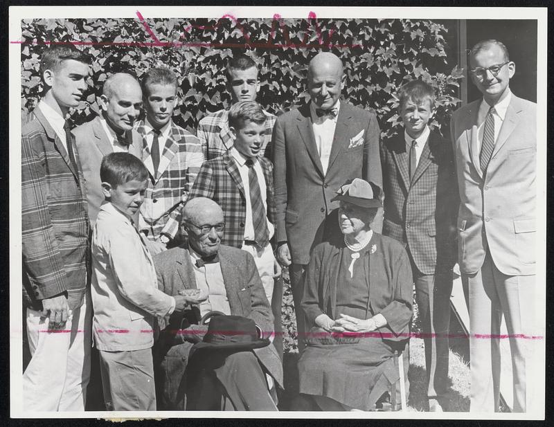 Adams Family Gathering at the Adams National Historic Site in Quincy yesterday was attended by these members of the famous old Massachusetts family. From left: Front, John Quincy Adams, Jr., 12; John Adams, 87, and Mrs. Abigail Adams Homans, 83; Rear, John Adams, 2d; Thomas Boylston Adams, Francis Douglas Adams, 15; Peter Boylston Adams, 18; Henry Adams, 12; Charles Francis Adams, Timothy Adams, 15, and John Quincy Adams.