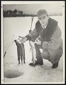 Seeing is believing, so there's nothing "fishy" about these graphic glimpses of piscatorial success in the Granite state. Above: George Stier shows a morning catch of pickerel at Moore's Pond, West Ossipee, N. H. And the five beauties shown below came from the fishing hole in Ossipee lake. There are plenty more where these came from, say the Waltons who have tried it.