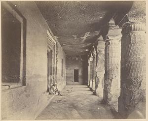 View from left end looking along interior of verandah of Buddhist Vihara, Cave I, Ajanta