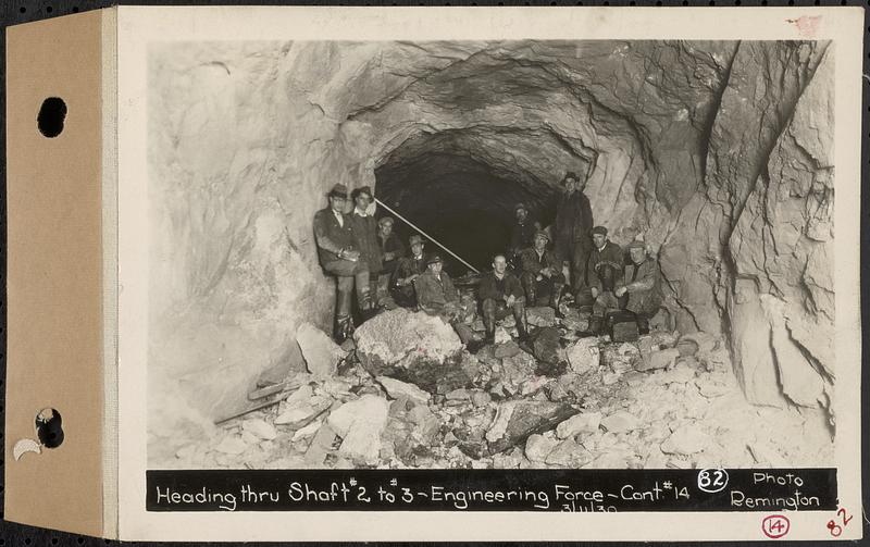 Contract No. 14, East Portion, Wachusett-Coldbrook Tunnel, West Boylston, Holden, Rutland, heading through Shaft 2 to 3, engineering force, Holden, Mass., Mar. 11, 1930