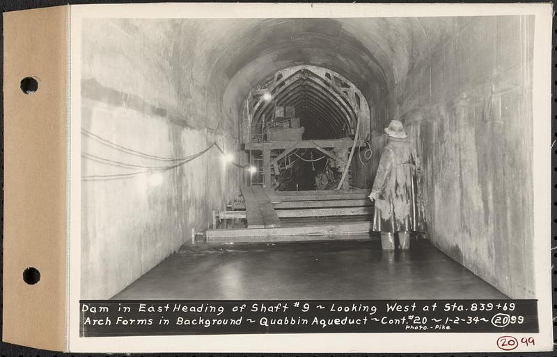 Contract No. 20, Coldbrook-Swift Tunnel, Barre, Hardwick, Greenwich, dam in east heading of Shaft 9, looking west at Sta. 839+69, arch forms in background, Quabbin Aqueduct, Barre, Mass., Jan. 2, 1934