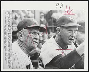 Study in Managers - The elder stateman of baseball, the 74 year old manager Casey Stengel of the New Mets is listening to the 42 year old manager of the World's Champion St. Louis Cardinals Red Schoendienst in this portrait. The subject? Just ground rules before their teams met in an exhibition game.