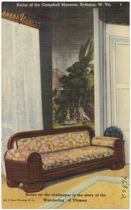Parlor of the Campbell Mansion, Bethany, W. Va., scene on the wallpaper is the story of the Wandering of Ulysses