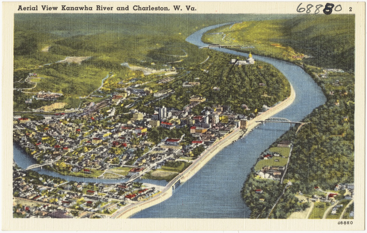 Aerial View of Kanawha River and Downtown Linen Postcard Charleston West Virginia